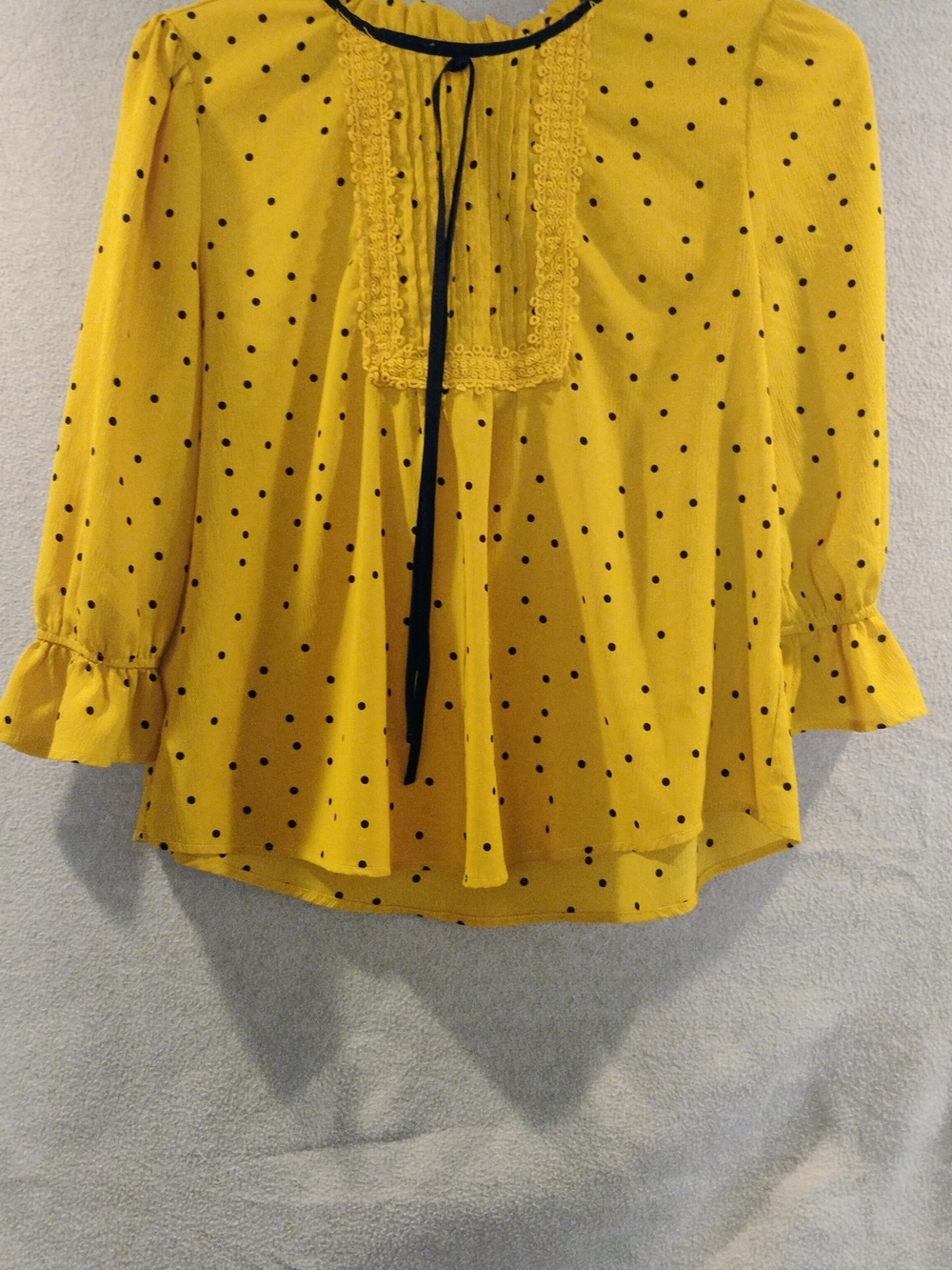 Sweet Wanderer Yellow Polka Dot Ruffle Bib Top with Black Trim